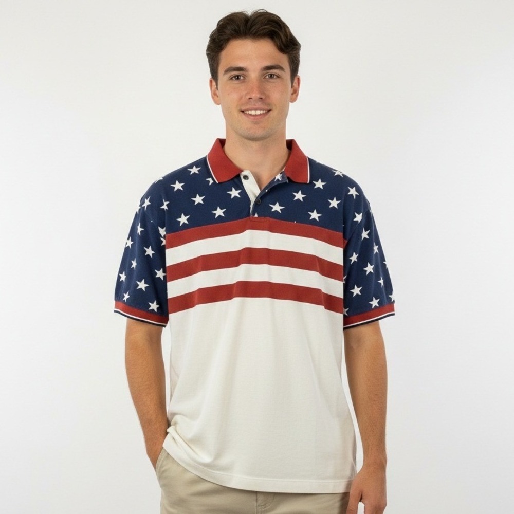 Vintage American Legacy Men's USA Flag Stars & Stripes Short Sleeve Polo Size L‎